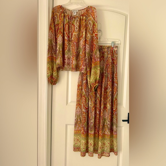 RACHEL ZOE Chiffon Skirt Set XS Paisley Peasant Skirt Balloon Sleeve Boho Resort - Picture 1 of 11